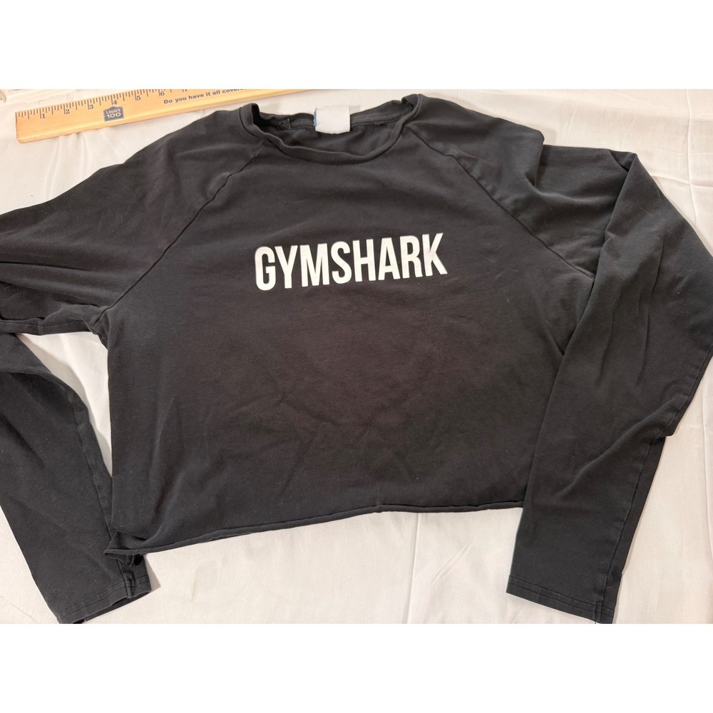 Gymshark Womens Black Long Sleeve Cropped Cut Logo Graphic T-Shirt Size M